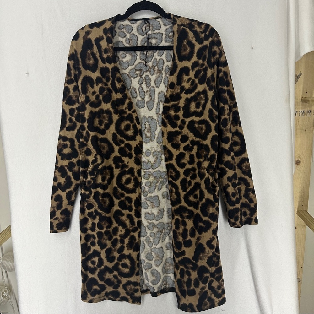 Open Front Leopard Print Long Sleeve Long Cardigan Size Medium Brown